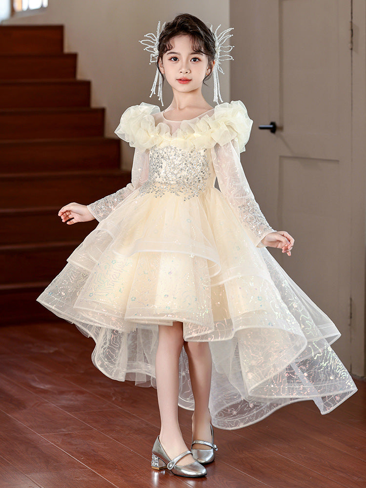 儿童公主裙花童轻奢拖尾晚礼服女童新款夏季生日钢琴演奏礼服