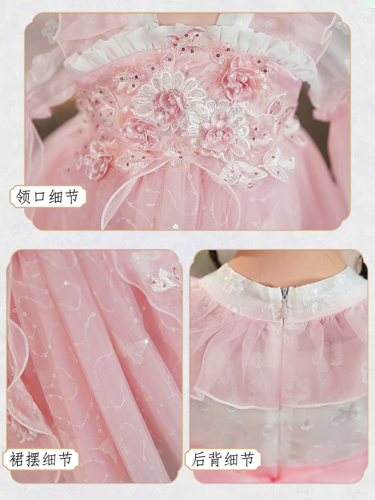 春秋女童汉服网纱连衣裙小女孩古装儿童春秋公主裙中国风刺绣唐装