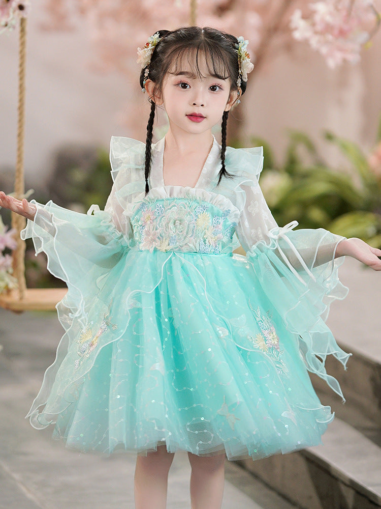 春秋女童汉服网纱连衣裙小女孩古装儿童春秋公主裙中国风刺绣唐装