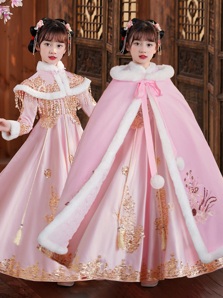 女孩公主裙汉服冬款套装女童冬季唐装儿童2025新款衣服
