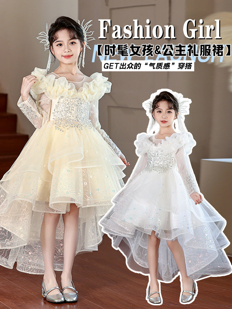儿童公主裙花童轻奢拖尾晚礼服女童新款夏季生日钢琴演奏礼服