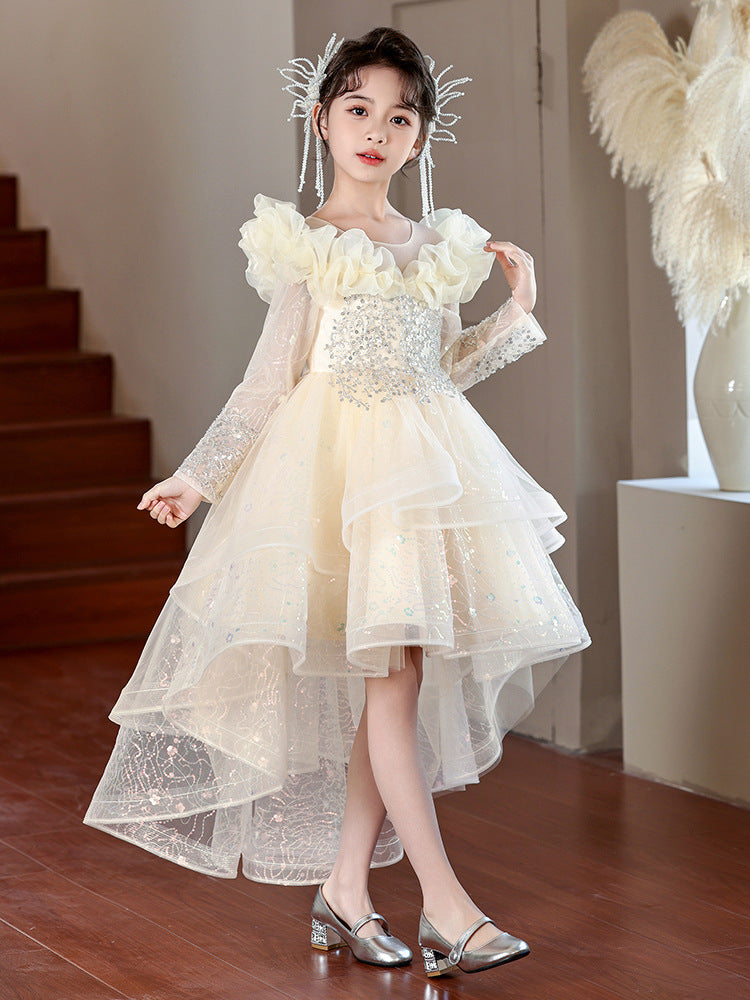 儿童公主裙花童轻奢拖尾晚礼服女童新款夏季生日钢琴演奏礼服