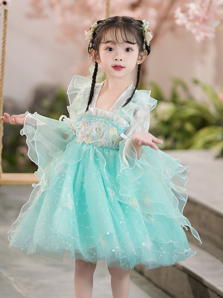 春秋女童汉服网纱连衣裙小女孩古装儿童春秋公主裙中国风刺绣唐装