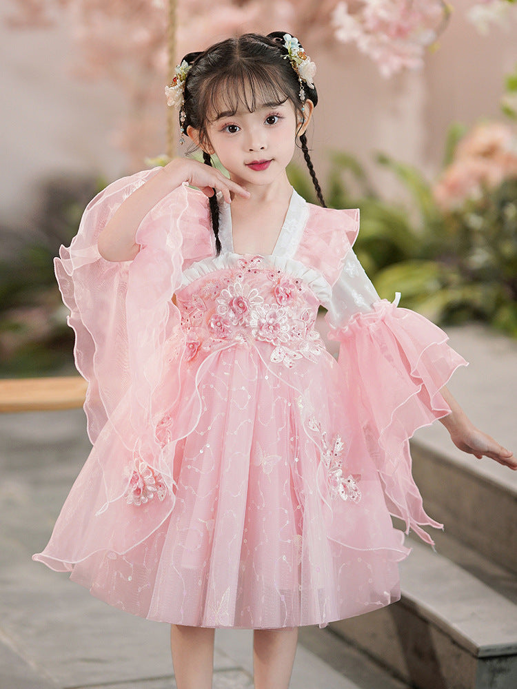春秋女童汉服网纱连衣裙小女孩古装儿童春秋公主裙中国风刺绣唐装