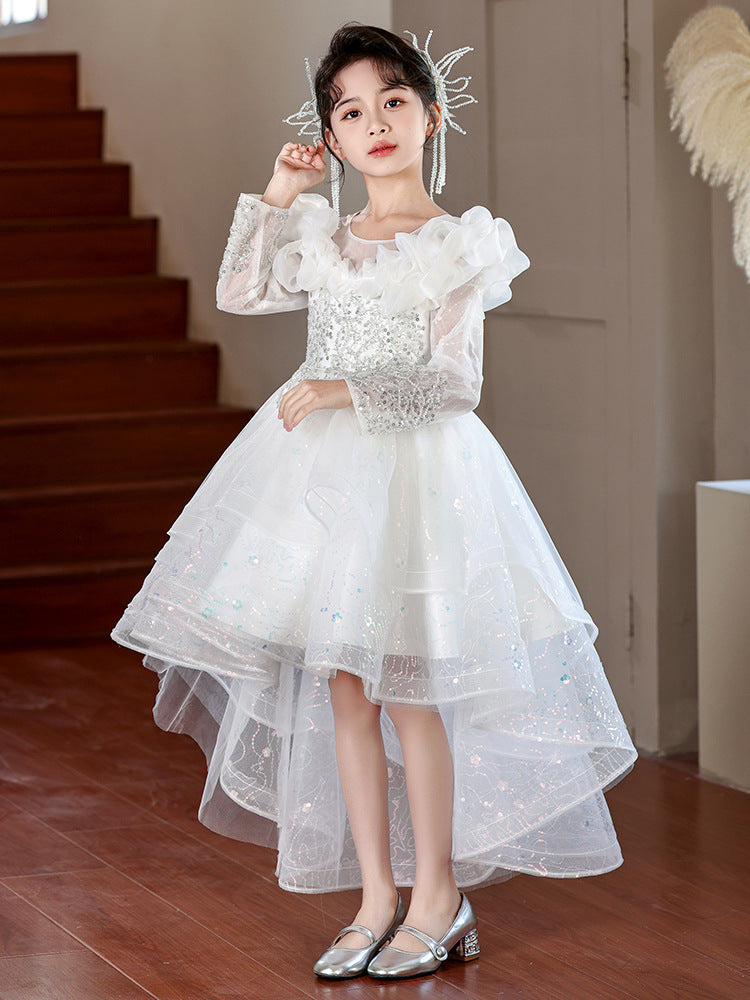 儿童公主裙花童轻奢拖尾晚礼服女童新款夏季生日钢琴演奏礼服