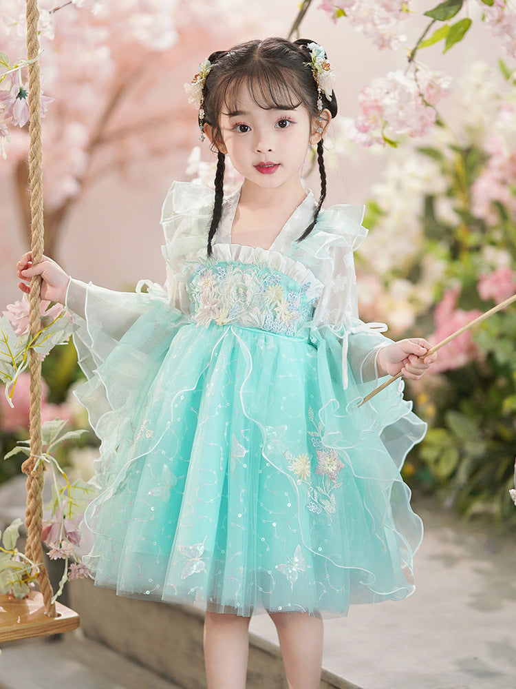 春秋女童汉服网纱连衣裙小女孩古装儿童春秋公主裙中国风刺绣唐装