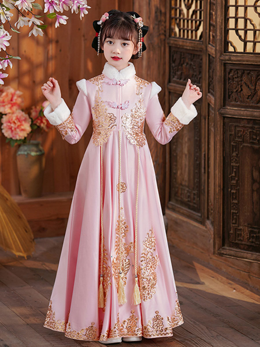 女孩公主裙汉服冬款套装女童冬季唐装儿童2025新款衣服