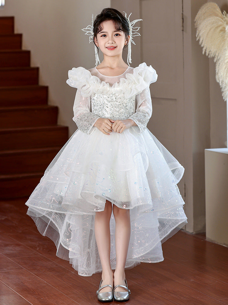 儿童公主裙花童轻奢拖尾晚礼服女童新款夏季生日钢琴演奏礼服