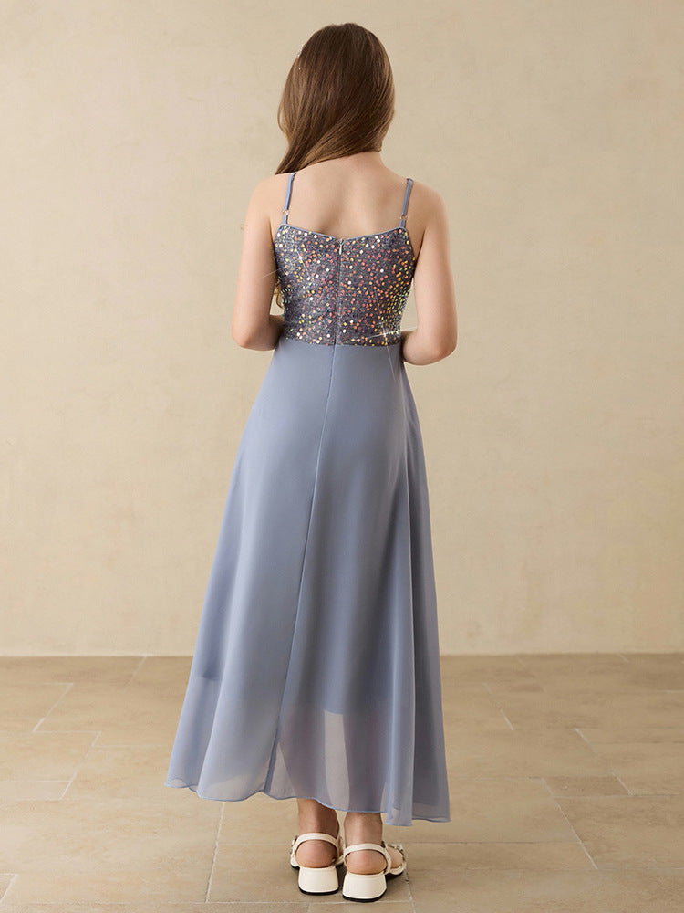 女童礼服裙女孩亮片生日公主裙儿童钢琴表演主持雪纺周岁礼服裙子